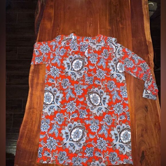 Loft-Anne Taylor Red Blue Brown Floral Long Sleeve Smock Tunic-Henley style sz L - Picture 15 of 16